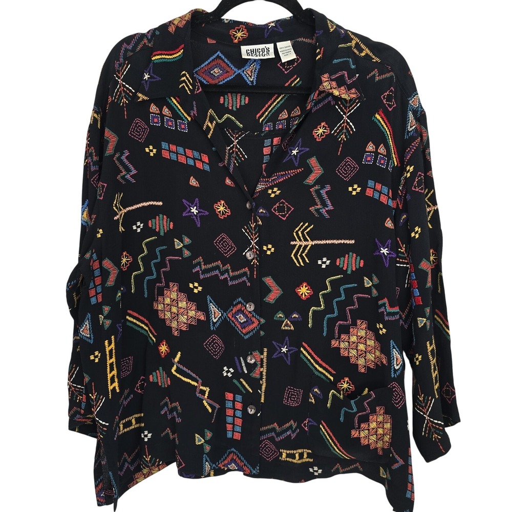 Vintage Chicos Shirt Womens 1.  Black Folk Art Print Embroidered Blouse Pocket‎